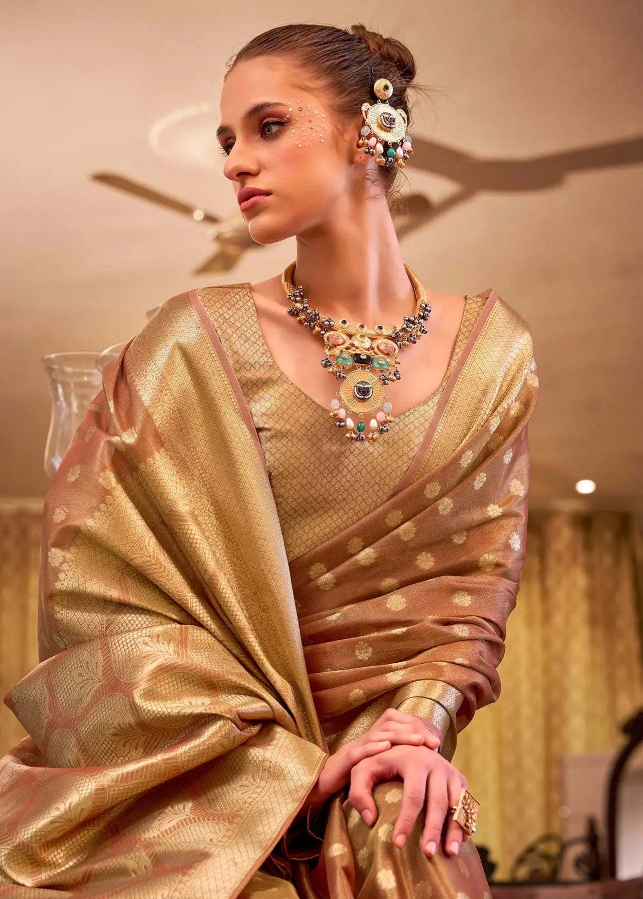 Brown  Zari Tissue Handloom Silk Saree