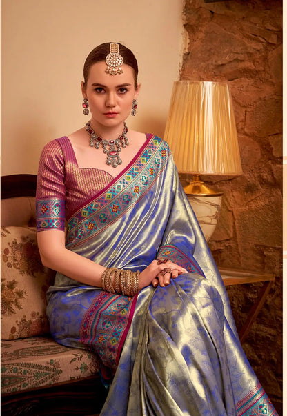 Blue Tissue Silk Zari Weaving Saree with Distinctive Border