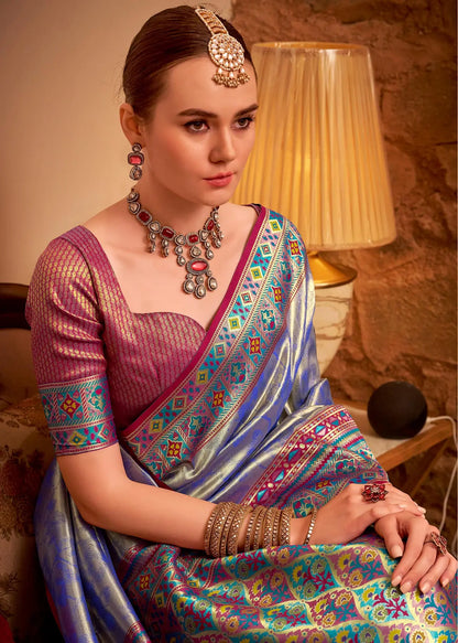 Blue Tissue Silk Zari Weaving Saree with Distinctive Border