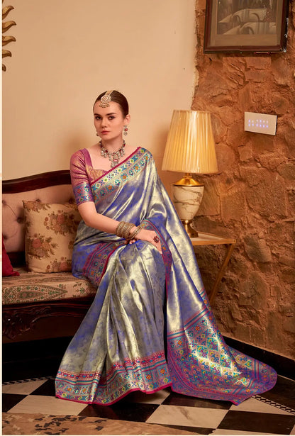 Blue Tissue Silk Zari Weaving Saree with Distinctive Border