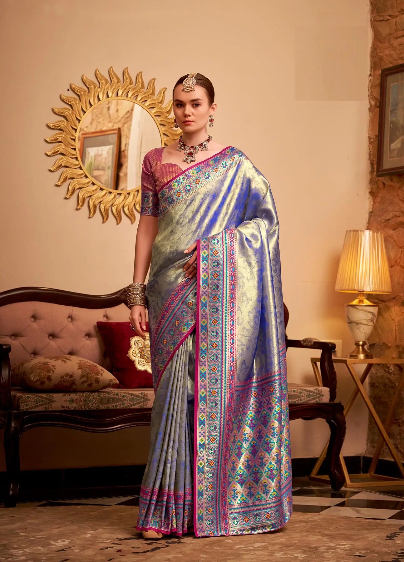 Blue Tissue Silk Zari Weaving Saree with Distinctive Border