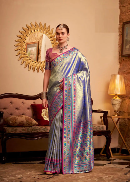 Blue Tissue Silk Zari Weaving Saree with Distinctive Border