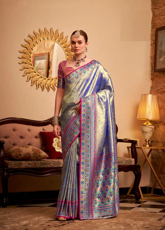 Blue Tissue Silk Zari Weaving Saree with Distinctive Border