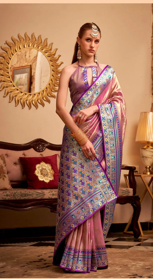 Dusty Pink Tissue Silk Zari Weaving Saree with Distinctive Border