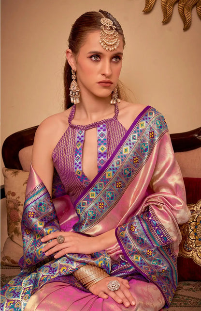 Dusty Pink Tissue Silk Zari Weaving Saree with Distinctive Border