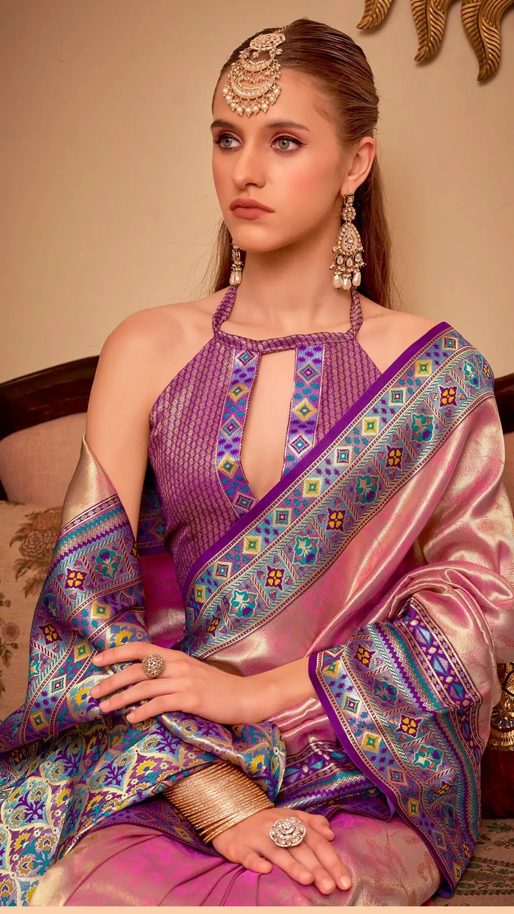 Dusty Pink Tissue Silk Zari Weaving Saree with Distinctive Border