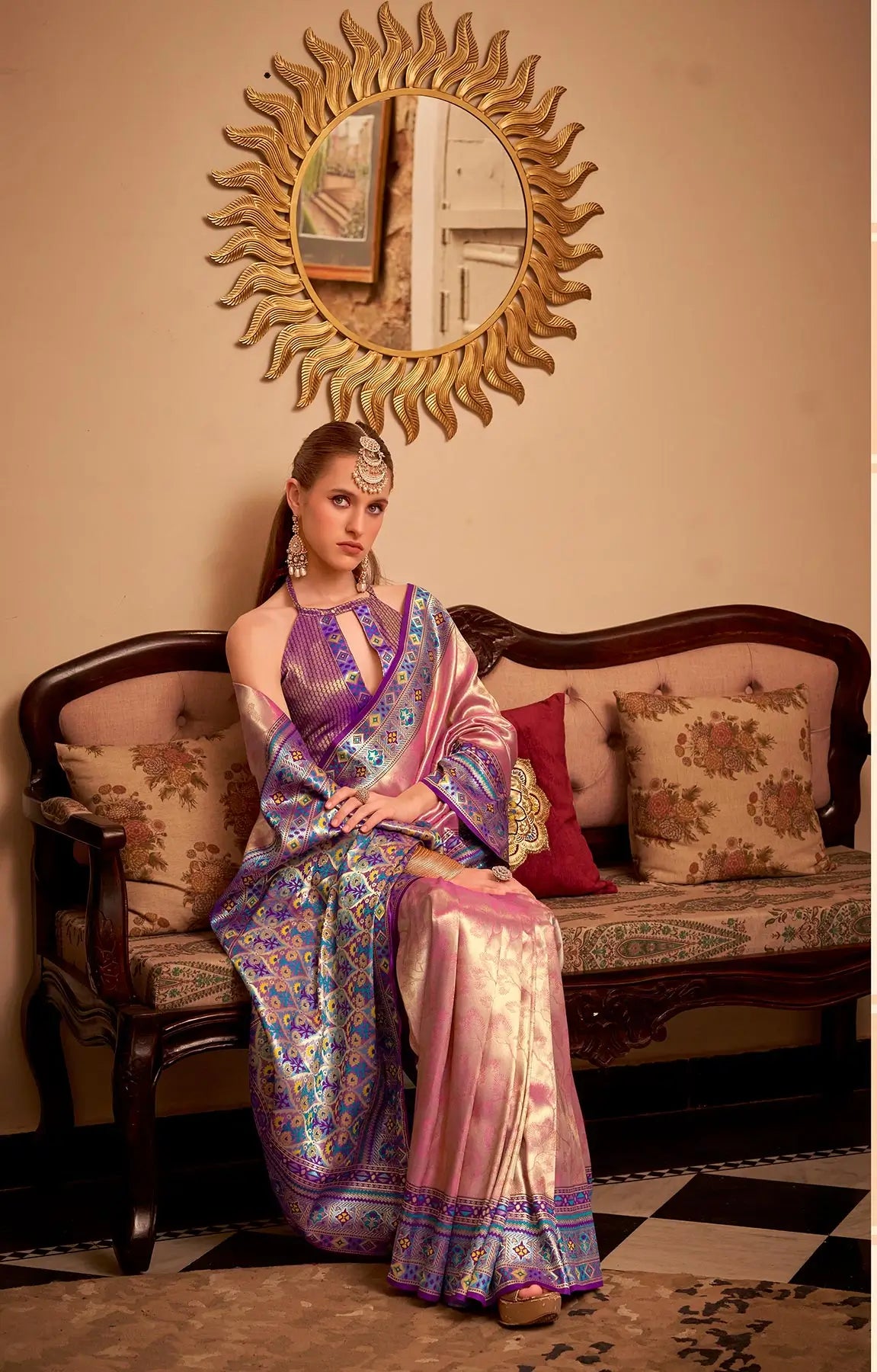 Dusty Pink Tissue Silk Zari Weaving Saree with Distinctive Border