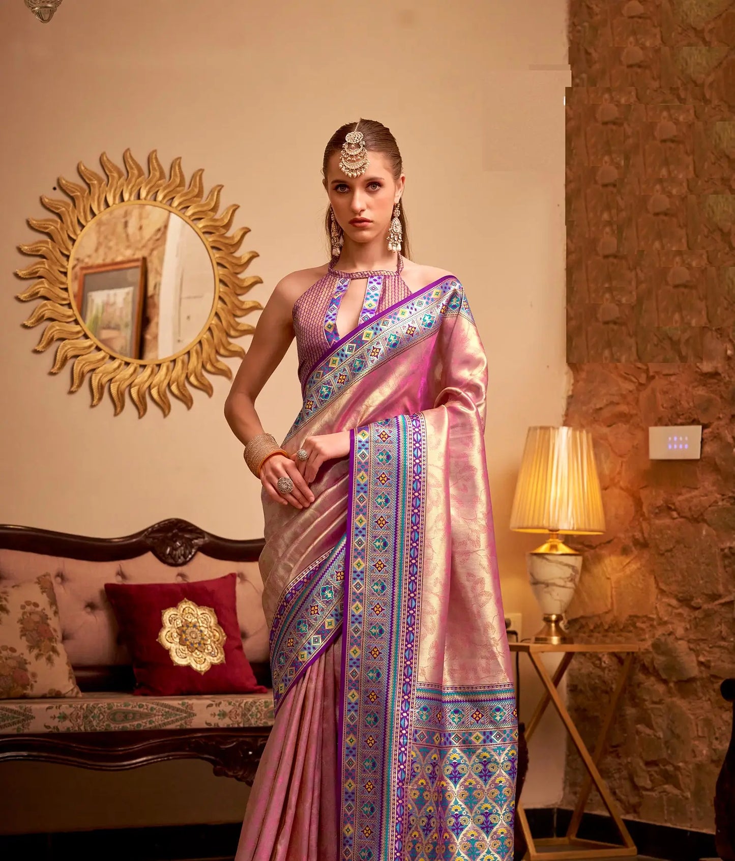 Dusty Pink Tissue Silk Zari Weaving Saree with Distinctive Border