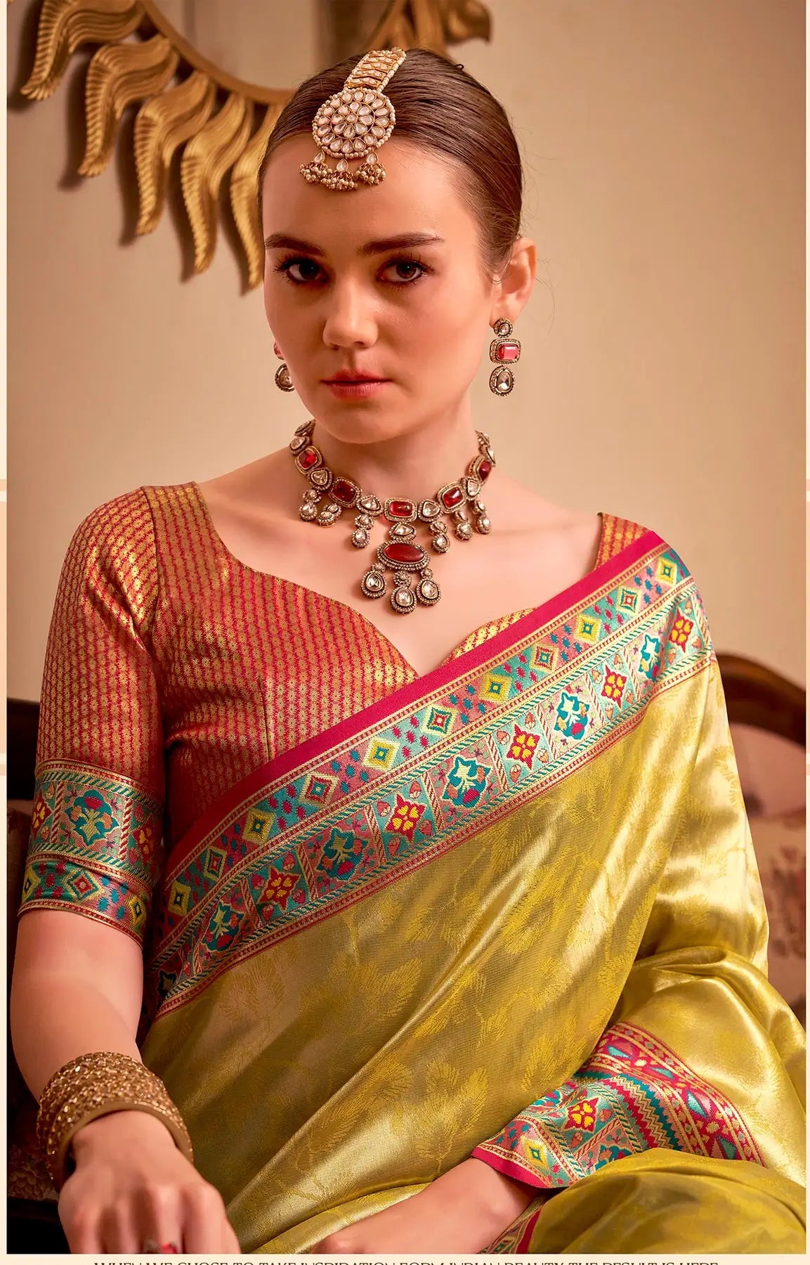 Yellow  Tissue Silk Zari Weaving Saree with Distinctive Border