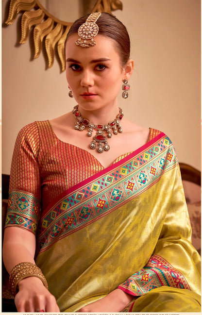 Yellow  Tissue Silk Zari Weaving Saree with Distinctive Border