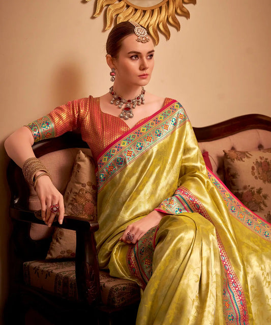 Yellow  Tissue Silk Zari Weaving Saree with Distinctive Border