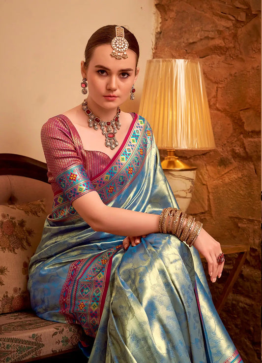 Blue Tissue Silk Zari Weaving Saree with Distinctive Border
