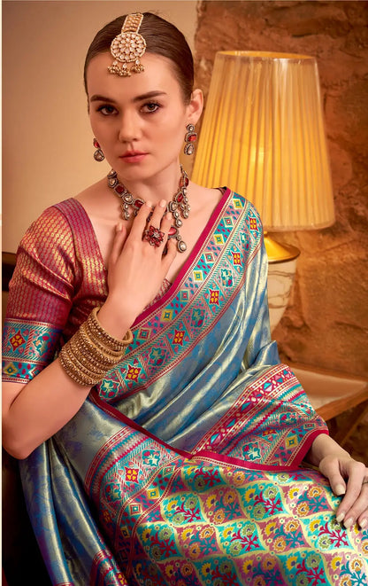 Blue Tissue Silk Zari Weaving Saree with Distinctive Border