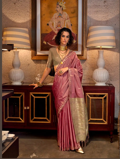 Pink  Silk Saree With Contrast Ikkat Design Pallu