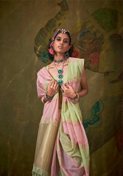 Light Green-Light Pink Spun Rangkaat Weaving Handloom Silk Saree