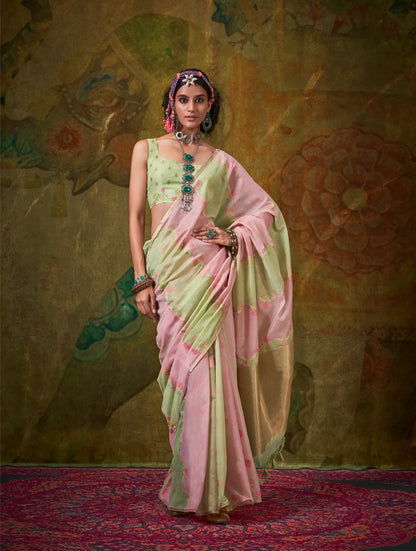 Light Green-Light Pink Spun Rangkaat Weaving Handloom Silk Saree