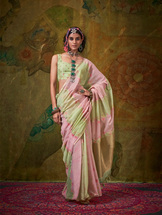 Light Green-Light Pink Spun Rangkaat Weaving Handloom Silk Saree