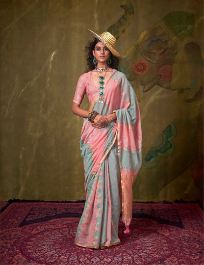 Light Pink-Grey Spun Rangkaat Weaving Handloom Silk Saree