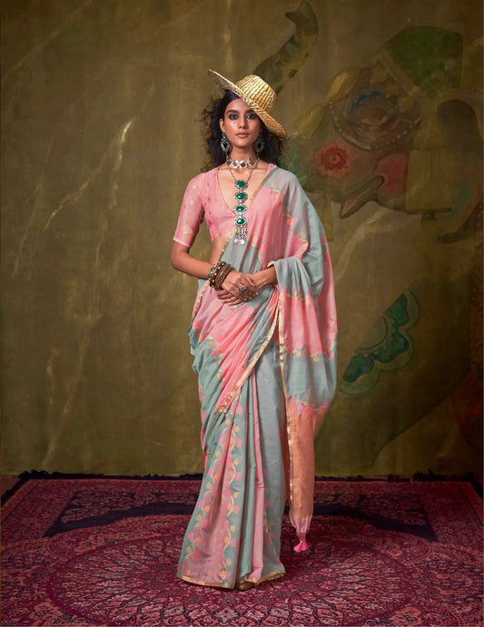 Light Pink-Grey Spun Rangkaat Weaving Handloom Silk Saree