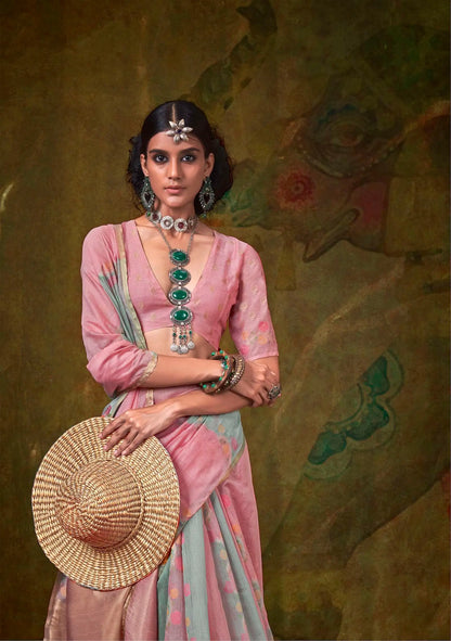 Light Pink-Grey Spun Rangkaat Weaving Handloom Silk Saree