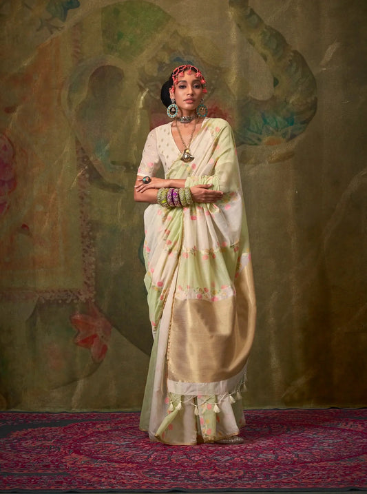 Beige-Light Green Spun Rangkaat Weaving Handloom Silk Saree
