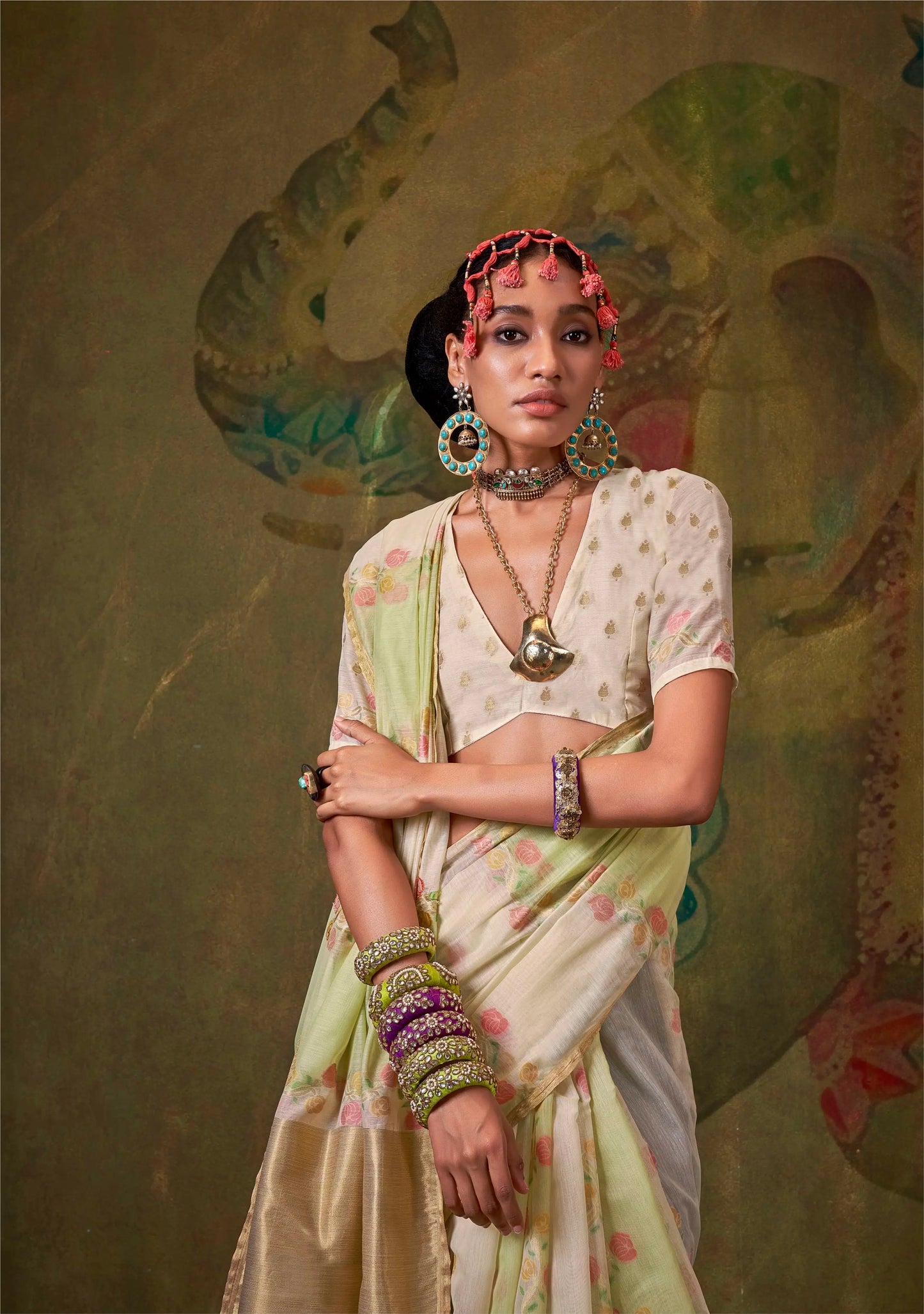 Beige-Light Green Spun Rangkaat Weaving Handloom Silk Saree