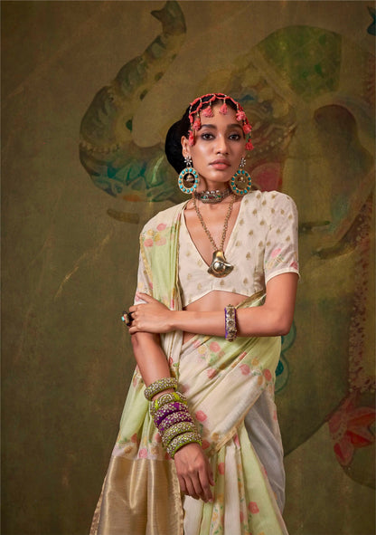 Beige-Light Green Spun Rangkaat Weaving Handloom Silk Saree