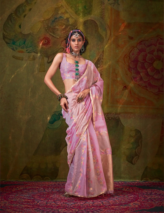 Lavender-Light Pink Spun Rangkaat Weaving Handloom Silk Saree