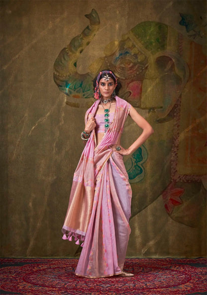 Lavender-Light Pink Spun Rangkaat Weaving Handloom Silk Saree