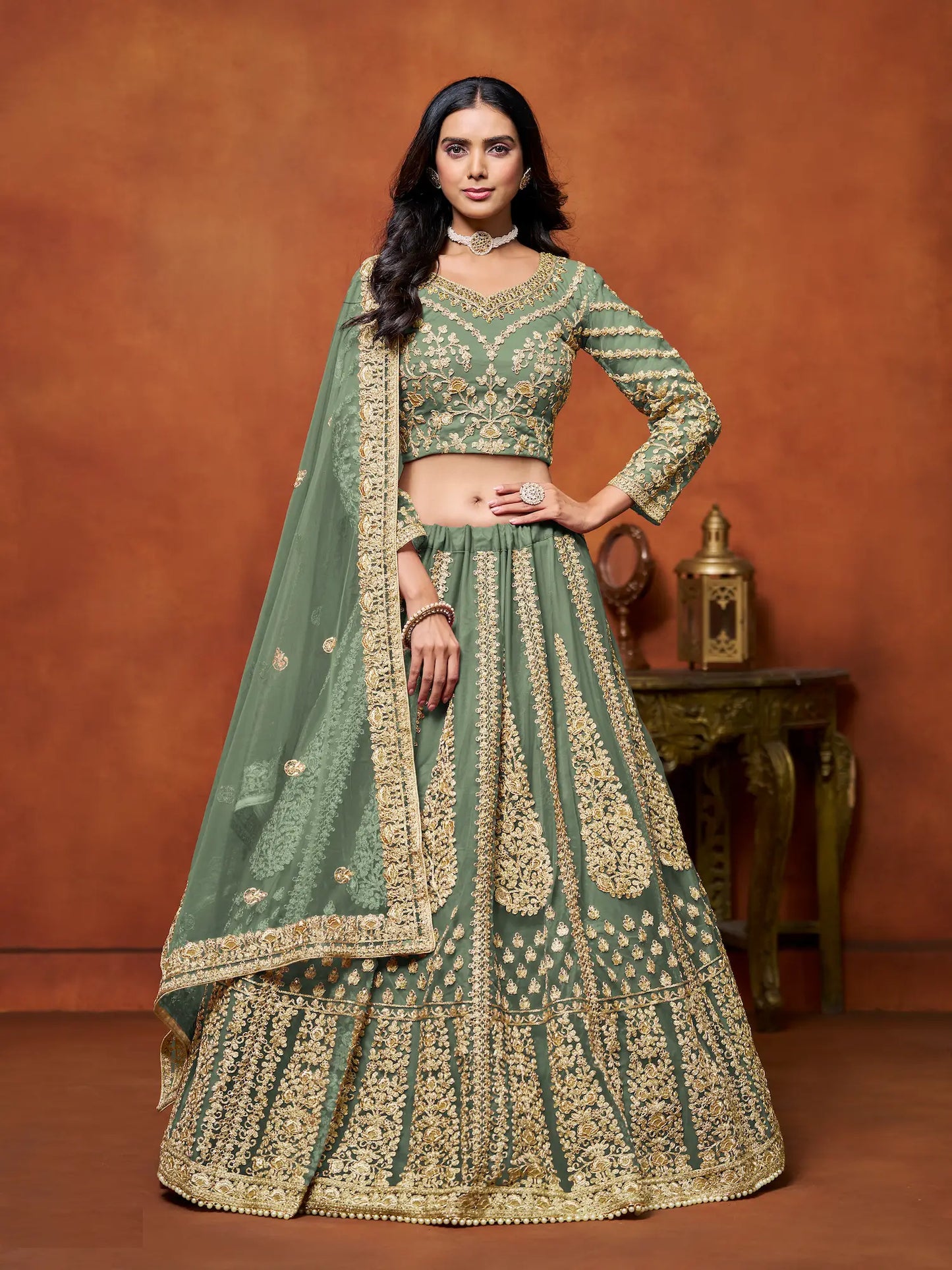 Pista Green Net Lehenga Choli With Thread & Sequence Embroidery Work