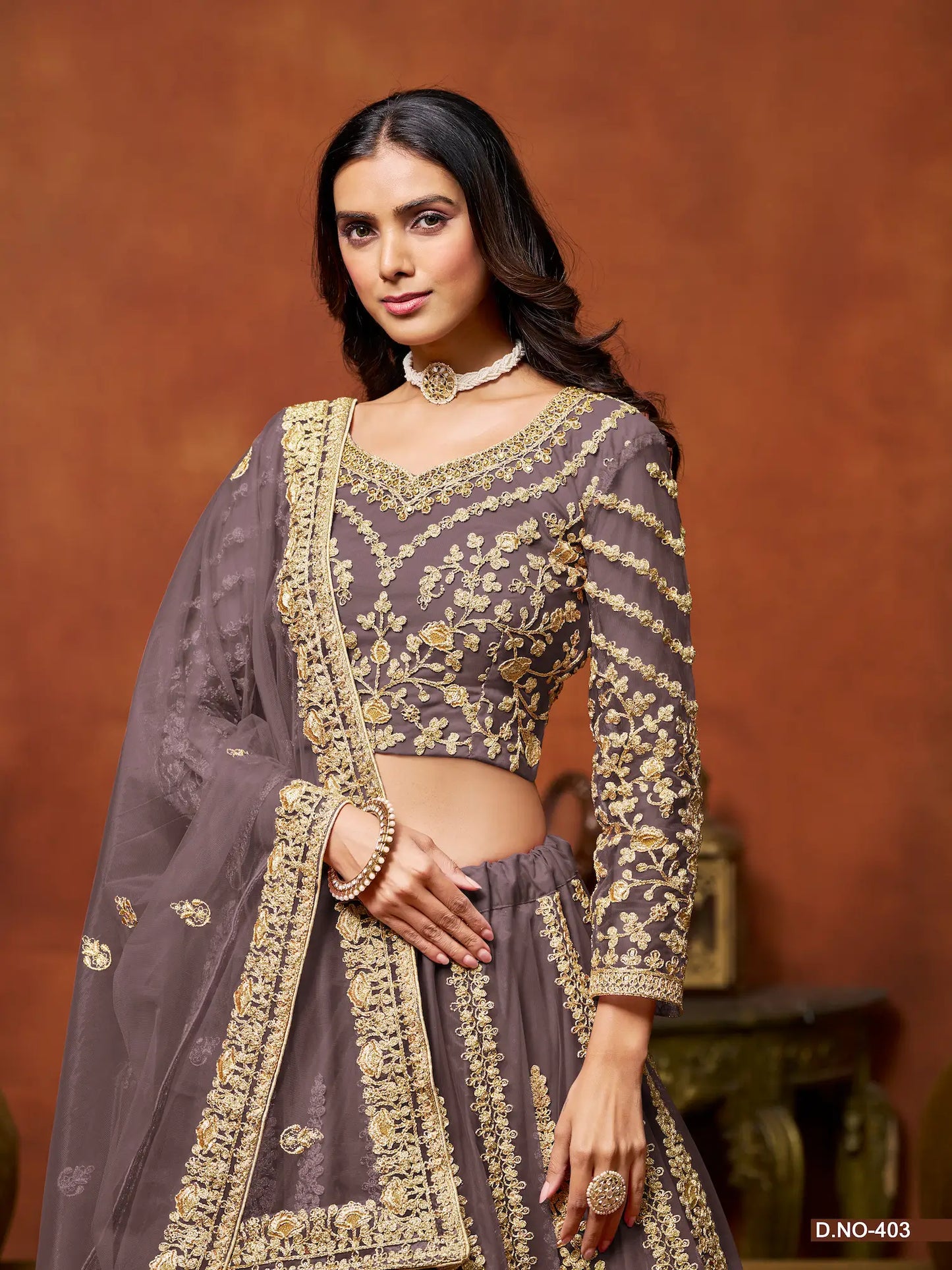 Dusty Grey Net Lehenga Choli With Thread & Sequence Embroidery Work