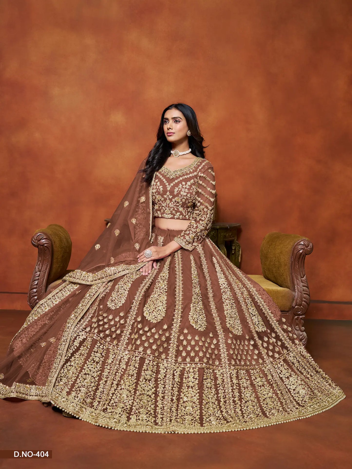 Brown Net Lehenga Choli With Thread & Sequence Embroidery Work