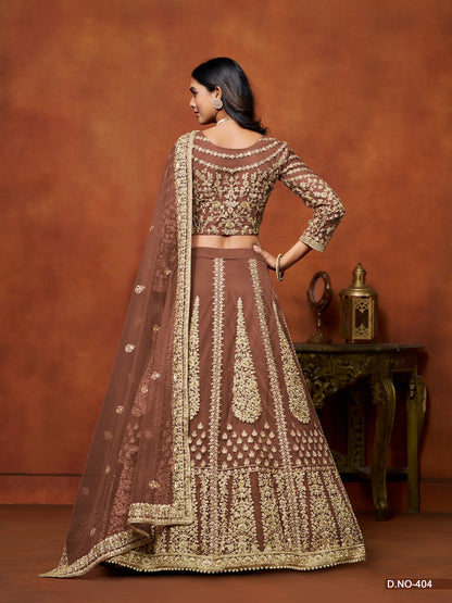 Brown Net Lehenga Choli With Thread & Sequence Embroidery Work