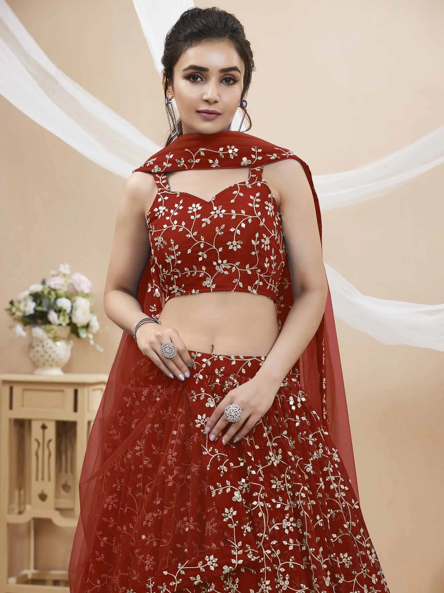 Red Georgette Lehenga With Sequins And Zari Embroidery Work