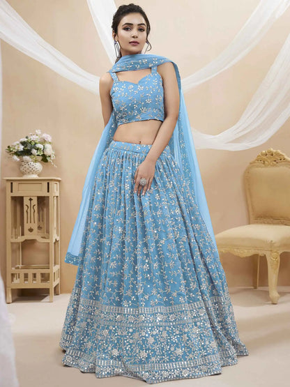 Sky Blue Georgette Lehenga With Sequins And Zari Embroidery Work