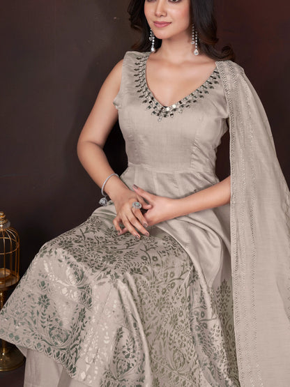 Cream Mirror Work And Foil Print Salwar Suit