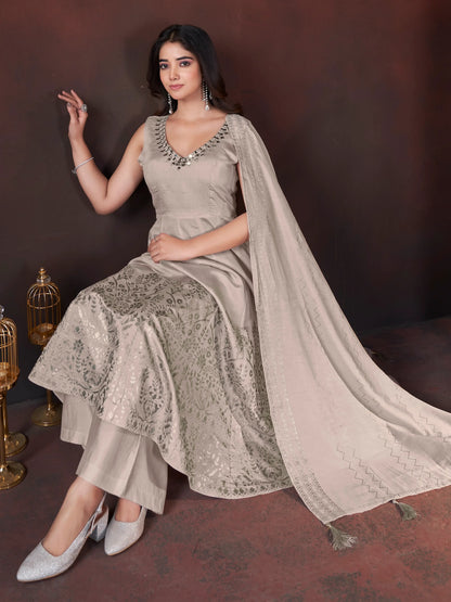 Cream Mirror Work And Foil Print Salwar Suit