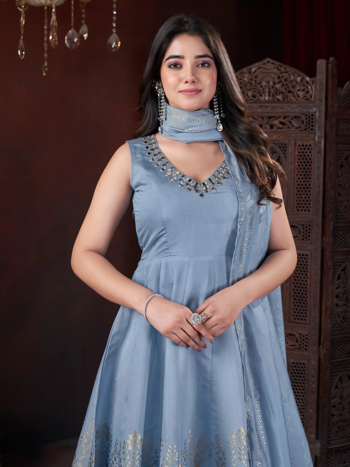 Sky Blue Mirror Work And Foil Print Salwar Suit