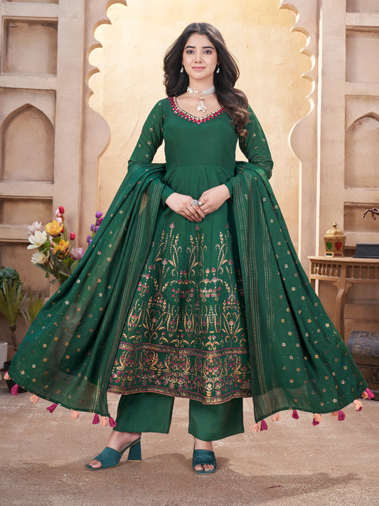 Green Mirror Work And Foil Print Silk Salwar Suit