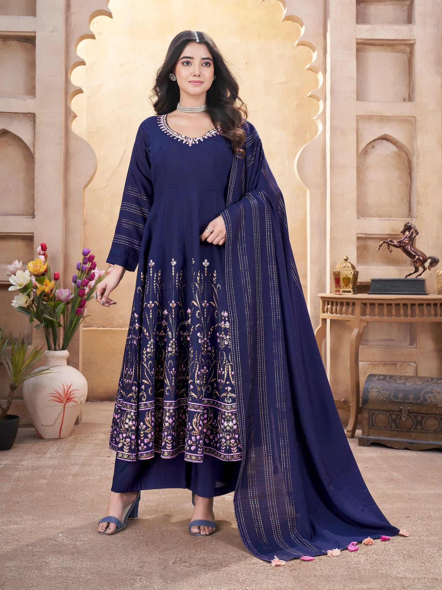 Navy Blue Mirror Work And Foil Print Silk Salwar suit