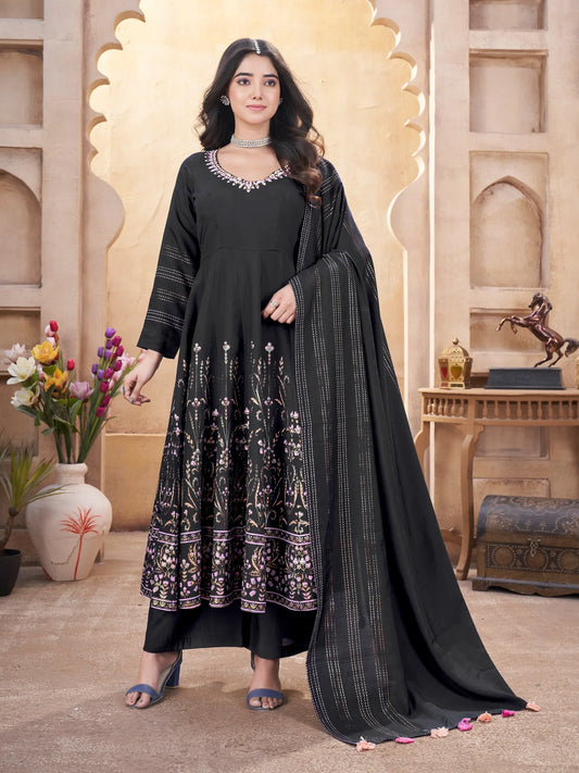 Black Mirror Work And Foil Print Silk Salwar suit