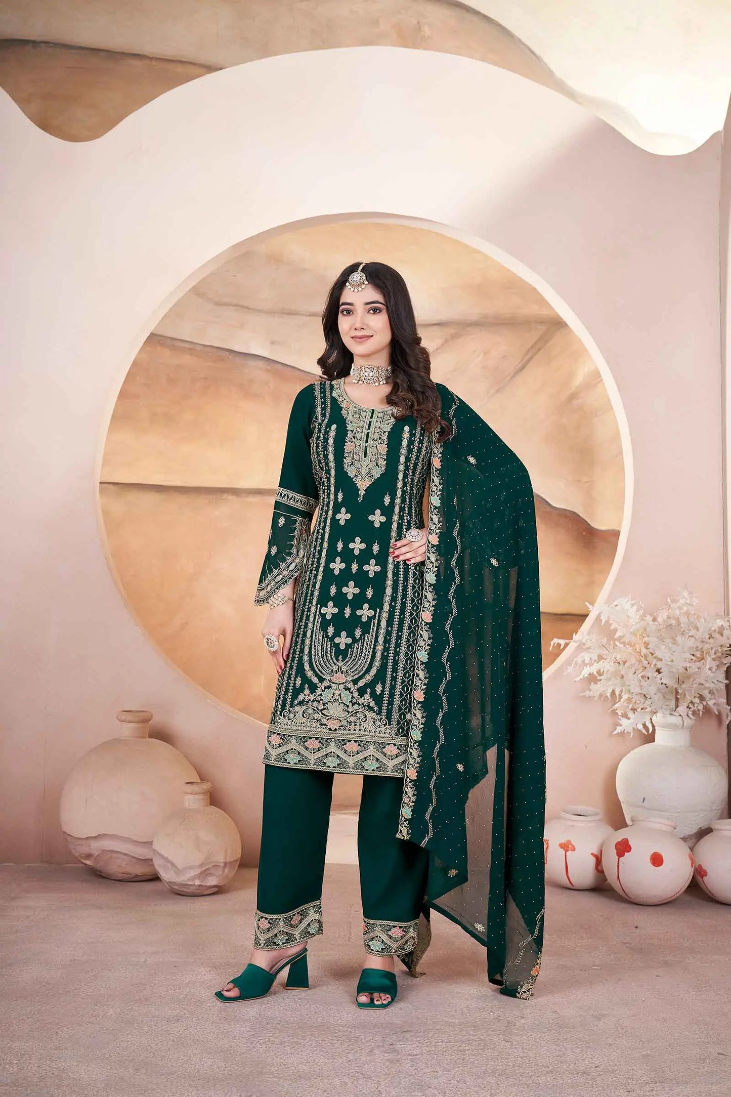 Green Georgette Salwar Suit With Embroidery And Siroski Work