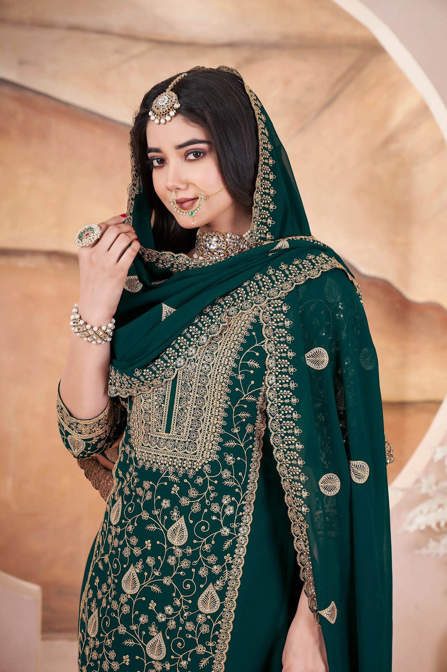 Dark Green Georgette Embroidery Sequins Salwar Suit