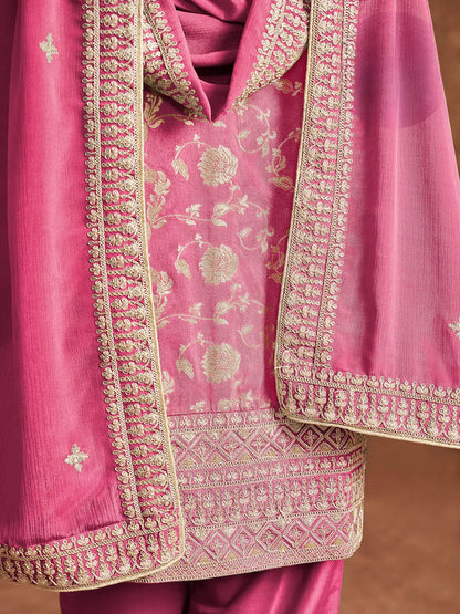 Pink Dola Silk Palazzo Salwar Suit With Thread & Sequins Embroidery Work