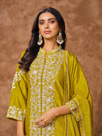 Yellow Chinon Palazzo Salwar Suit With Thread & Sequins Embroidery Work