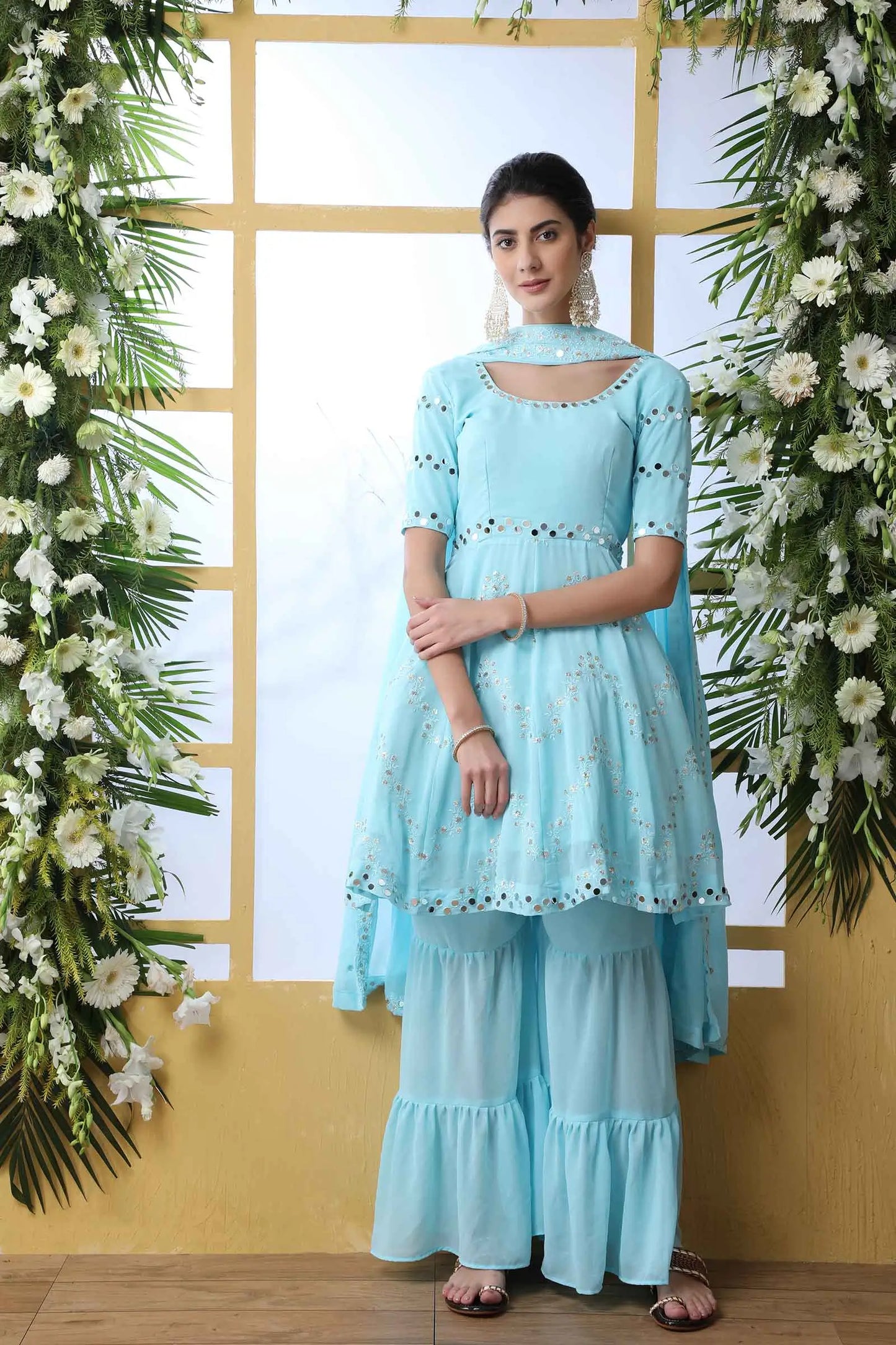 Sky Blue Georgette Salwar Suit With Thread Sequins Work With Mirror Pasting
