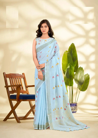 Sky Blue Linen Silk Saree with  Zari Border