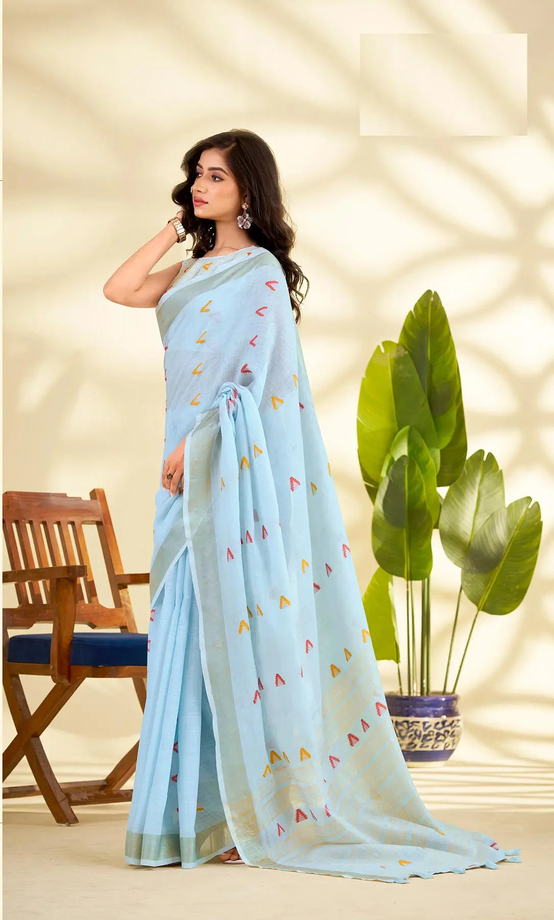 Sky Blue Linen Silk Saree with  Zari Border