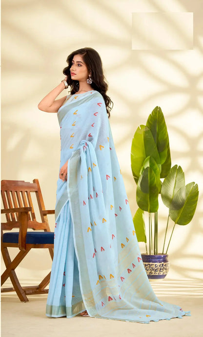 Sky Blue Linen Silk Saree with  Zari Border