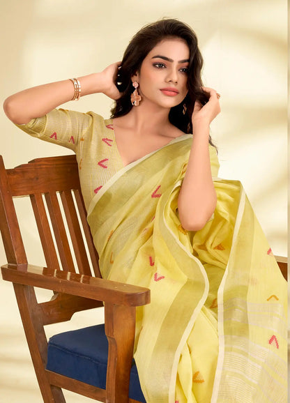 Yellow Linen Silk Saree with  Zari Border